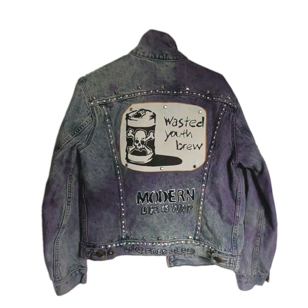 Custom Punk Denim Jacket Med Modern Life Is War Wasted Youth Brew  Distress USA